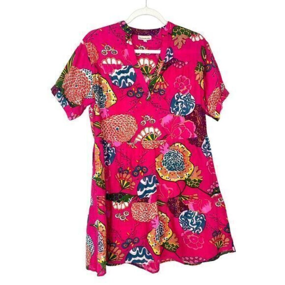 Fitzroy & Willa Dress Pink Tiered Small Short Sleeve Floral Cotton Colorful Boho